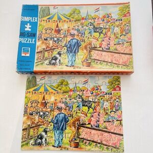 Vtg Simplex Wooden Jigsaw Puzzle 56 Pieces Farm Fair Made In Holland